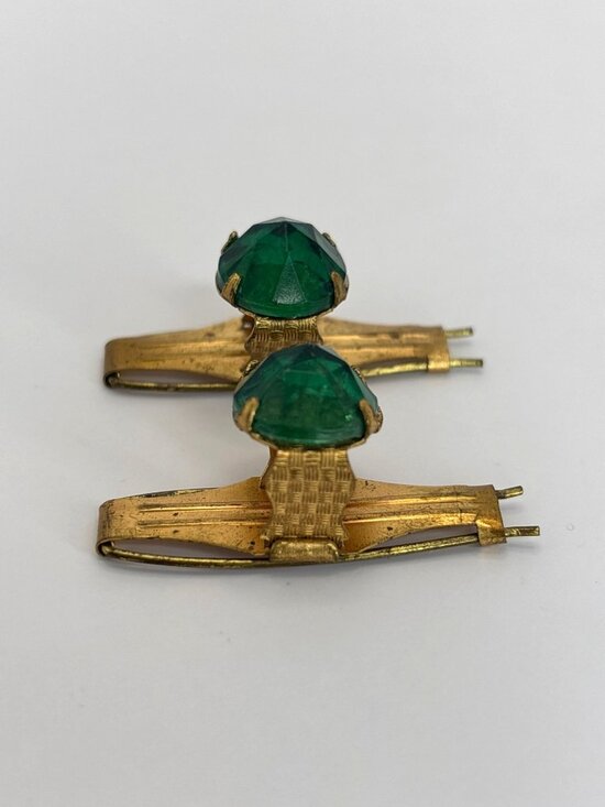Vintage Rare 1930\'s Metal Gold Tone Metal Hair Barret Clips Pins Green Stone main image 6